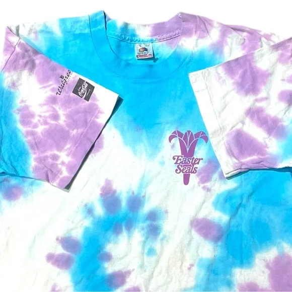 VINTAGE 90s TIE-DYED BLUE PURPLE VOLLEYBALL EASTER SEALS SINGLE STITCH TEE XL - Picture 2 of 10